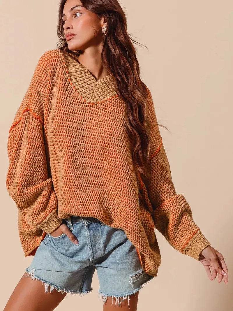 So Me Relaxed Radiance Oversized Textured V Neck Sweater-Women's Shirts & Tops-Shop Z & Joxa