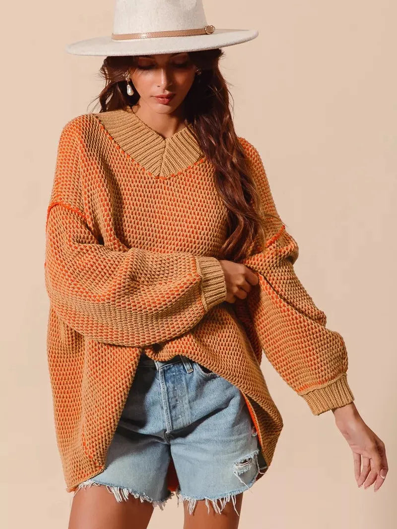 So Me Relaxed Radiance Oversized Textured V Neck Sweater-Women's Shirts & Tops-Shop Z & Joxa