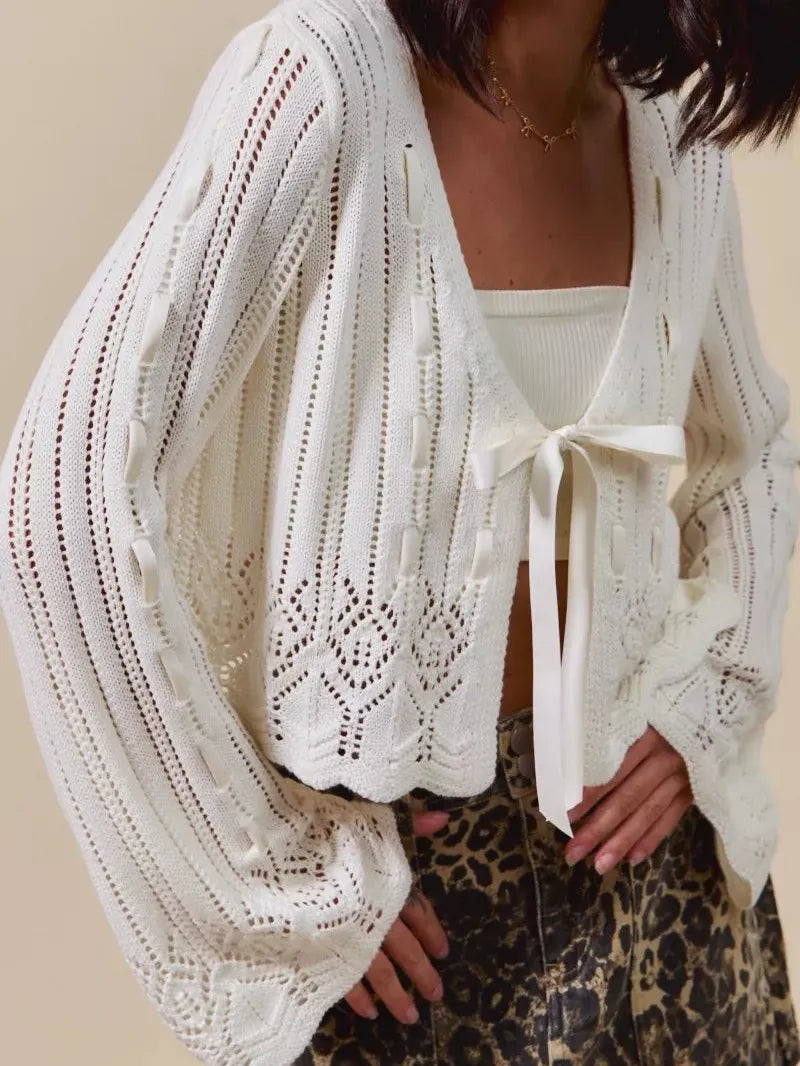 So Me Ribbon & Cozy Open Front Ribbon Tie Crochet Cardigan-Women's Shirts & Tops-Shop Z & Joxa