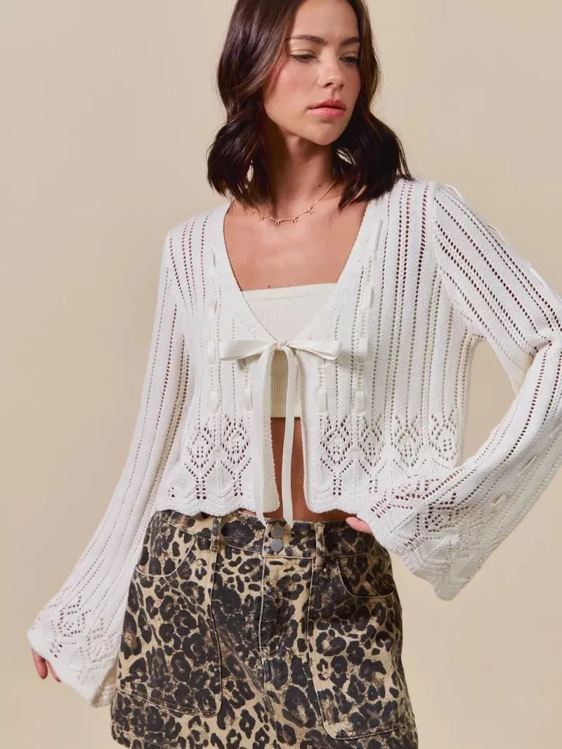 So Me Ribbon & Cozy Open Front Ribbon Tie Crochet Cardigan-Women's Shirts & Tops-Shop Z & Joxa