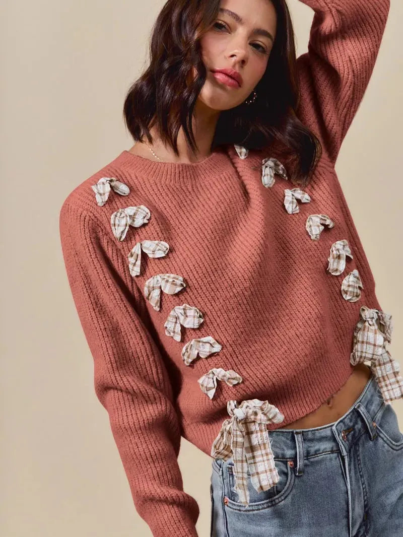 So Me Ribbon Kiss Checkered Plaid Tape Lace Up Sweater in Rust-Women's Shirts & Tops-Shop Z & Joxa