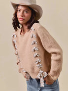 So Me Ribbon Kiss Checkered Plaid Tape Lace Up Sweater in Taupe-Women's Shirts & Tops-Shop Z & Joxa