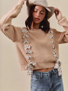 So Me Ribbon Kiss Checkered Plaid Tape Lace Up Sweater in Taupe-Women's Shirts & Tops-Shop Z & Joxa