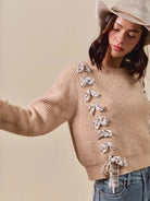 So Me Ribbon Kiss Checkered Plaid Tape Lace Up Sweater in Taupe-Women's Shirts & Tops-Shop Z & Joxa