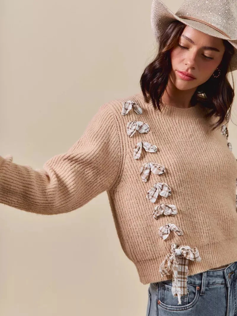 So Me Ribbon Kiss Checkered Plaid Tape Lace Up Sweater in Taupe-Women's Shirts & Tops-Shop Z & Joxa