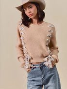 So Me Ribbon Kiss Checkered Plaid Tape Lace Up Sweater in Taupe-Women's Shirts & Tops-Shop Z & Joxa