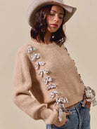 So Me Ribbon Kiss Checkered Plaid Tape Lace Up Sweater in Taupe-Women's Shirts & Tops-Shop Z & Joxa