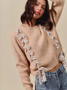 So Me Ribbon Kiss Checkered Plaid Tape Lace Up Sweater in Taupe-Women's Shirts & Tops-Shop Z & Joxa