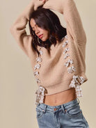 So Me Ribbon Kiss Checkered Plaid Tape Lace Up Sweater in Taupe-Women's Shirts & Tops-Shop Z & Joxa