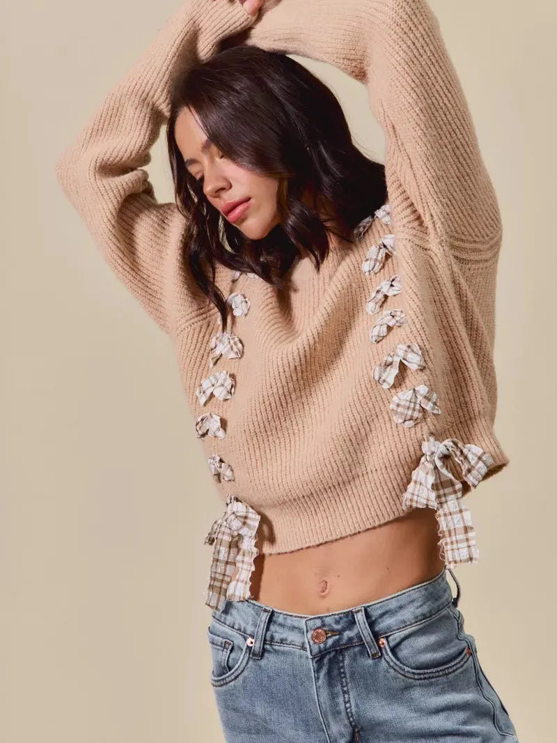 So Me Ribbon Kiss Checkered Plaid Tape Lace Up Sweater in Taupe-Women's Shirts & Tops-Shop Z & Joxa