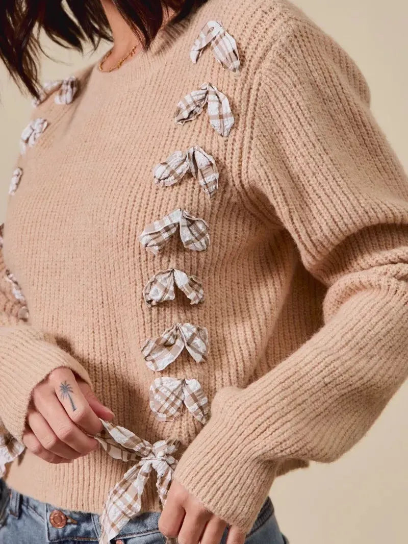 So Me Ribbon Kiss Checkered Plaid Tape Lace Up Sweater in Taupe-Women's Shirts & Tops-Shop Z & Joxa