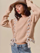 So Me Ribbon Kiss Checkered Plaid Tape Lace Up Sweater in Taupe-Women's Shirts & Tops-Shop Z & Joxa