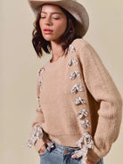 So Me Ribbon Kiss Checkered Plaid Tape Lace Up Sweater in Taupe-Women's Shirts & Tops-Shop Z & Joxa