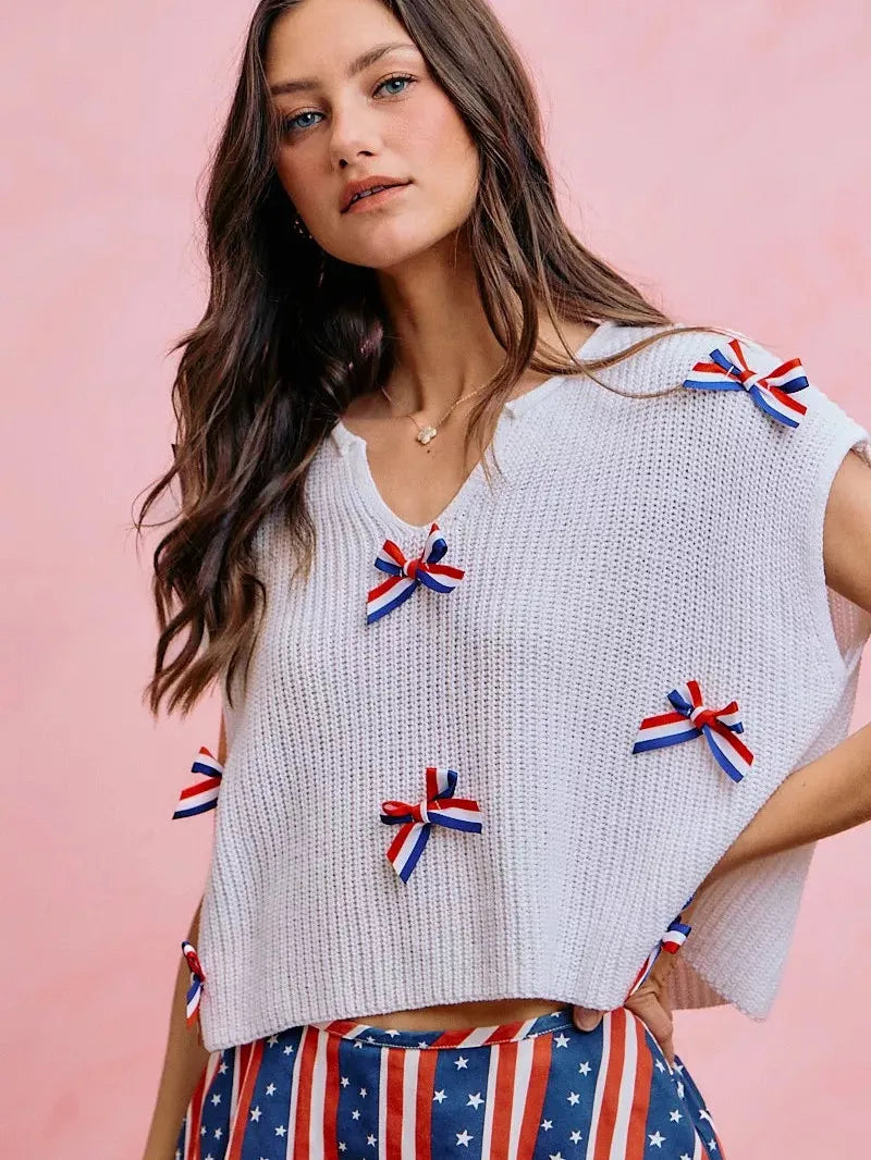 So Me Ribbon and Glory 4th Of July Ribbon Cropped Knit Top-Shirts & Tops-Shop Z & Joxa