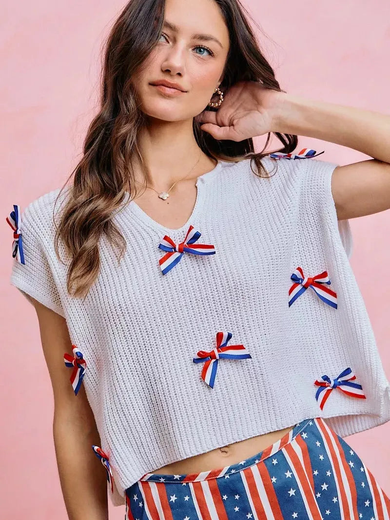 So Me Ribbon and Glory 4th Of July Ribbon Cropped Knit Top-Shirts & Tops-Shop Z & Joxa