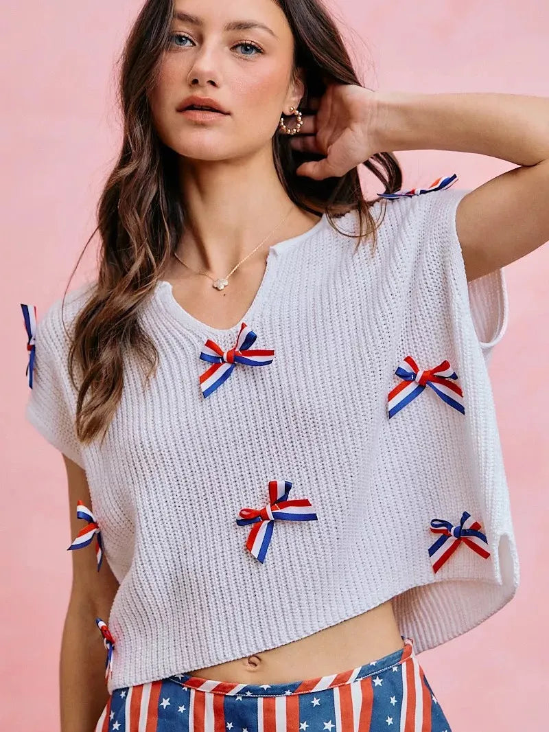 So Me Ribbon and Glory 4th Of July Ribbon Cropped Knit Top-Shirts & Tops-Shop Z & Joxa
