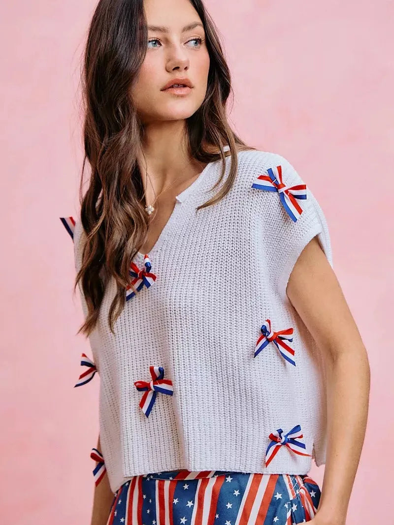 So Me Ribbon and Glory 4th Of July Ribbon Cropped Knit Top-Shirts & Tops-Shop Z & Joxa