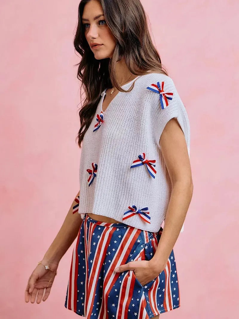 So Me Ribbon and Glory 4th Of July Ribbon Cropped Knit Top-Shirts & Tops-Shop Z & Joxa