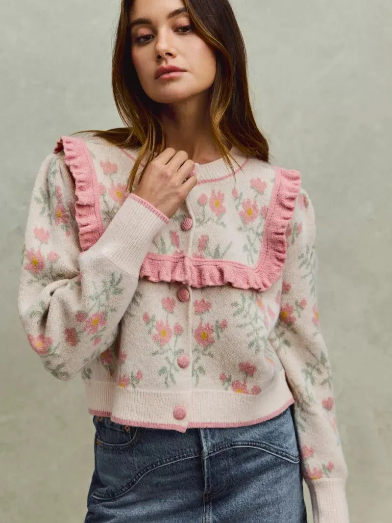So Me Ruffle Me Up Long Sleeve Floral Cardigan with Ruffles-Women's Shirts & Tops-Shop Z & Joxa
