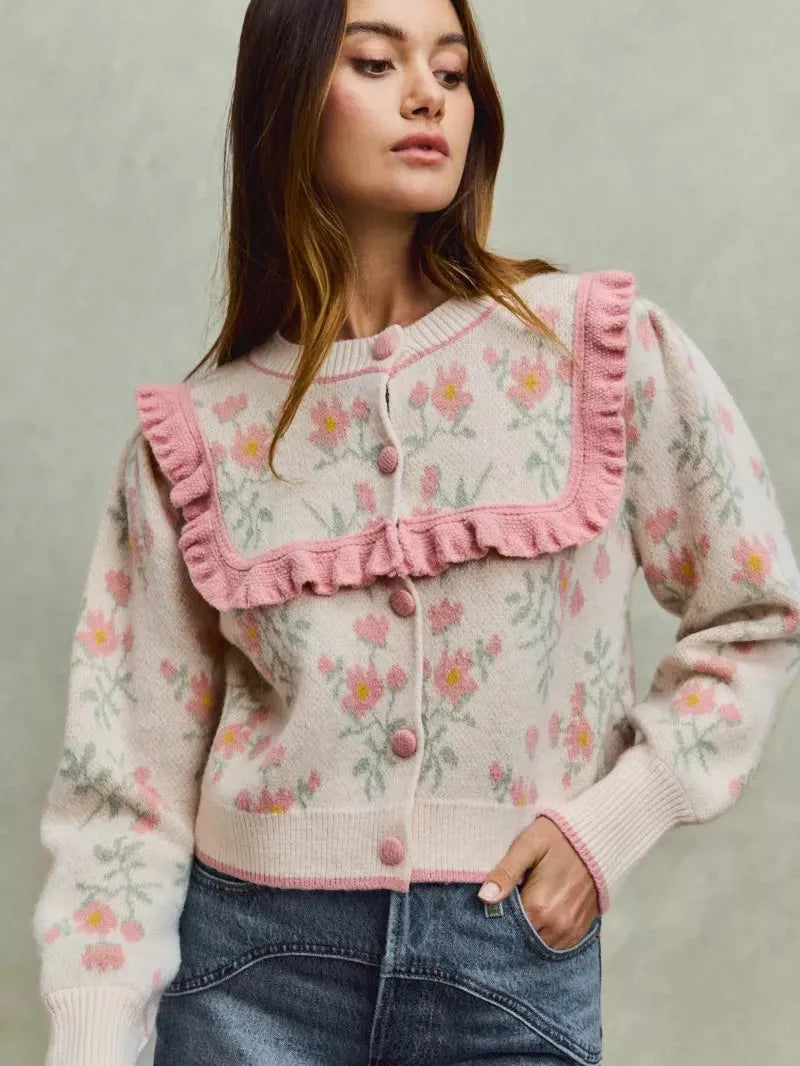 So Me Ruffle Me Up Long Sleeve Floral Cardigan with Ruffles-Women's Shirts & Tops-Shop Z & Joxa