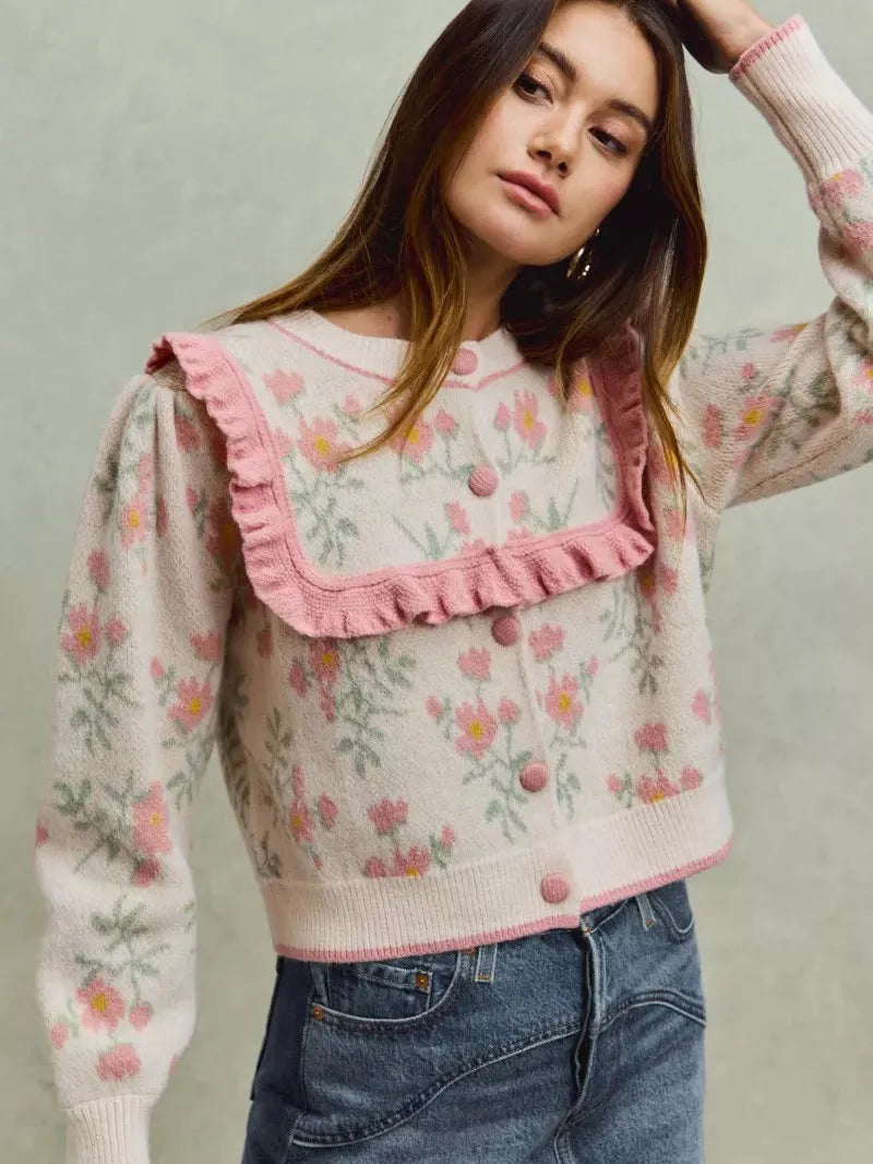 So Me Ruffle Me Up Long Sleeve Floral Cardigan with Ruffles-Women's Shirts & Tops-Shop Z & Joxa