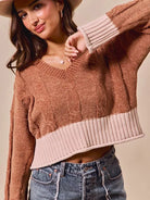 So Me Rust Statement Chenille Knit Crop Sweater with Contrast-Women's Shirts & Tops-Shop Z & Joxa