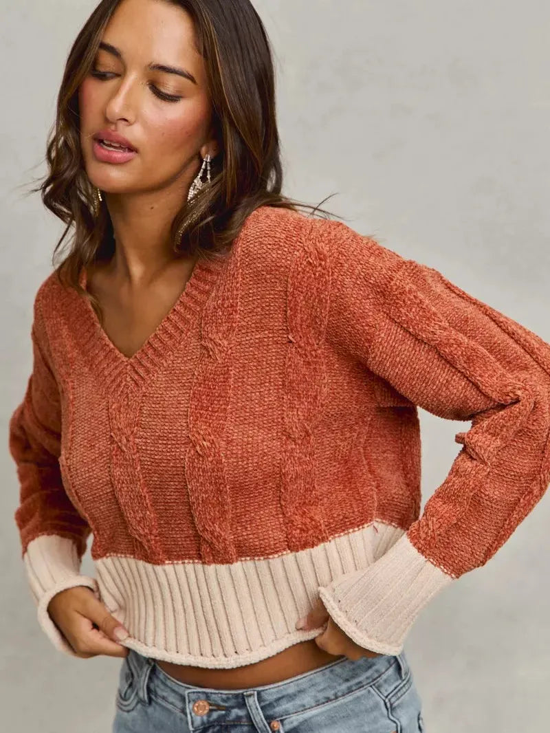 So Me Rust Statement Chenille Knit Crop Sweater with Contrast-Women's Shirts & Tops-Shop Z & Joxa