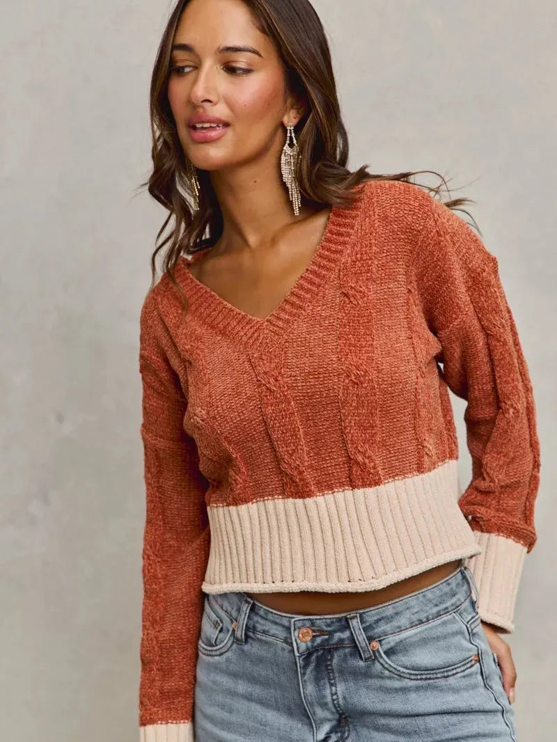 So Me Rust Statement Chenille Knit Crop Sweater with Contrast-Women's Shirts & Tops-Shop Z & Joxa