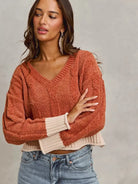 So Me Rust Statement Chenille Knit Crop Sweater with Contrast-Women's Shirts & Tops-Shop Z & Joxa