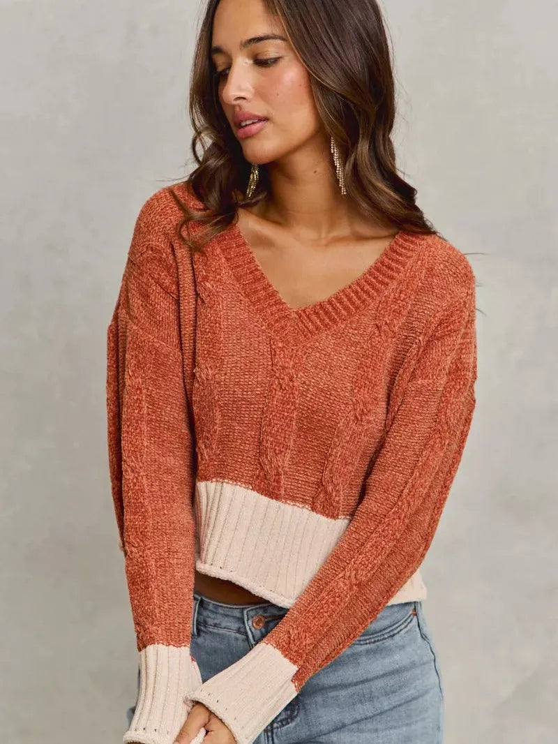 So Me Rust Statement Chenille Knit Crop Sweater with Contrast-Women's Shirts & Tops-Shop Z & Joxa