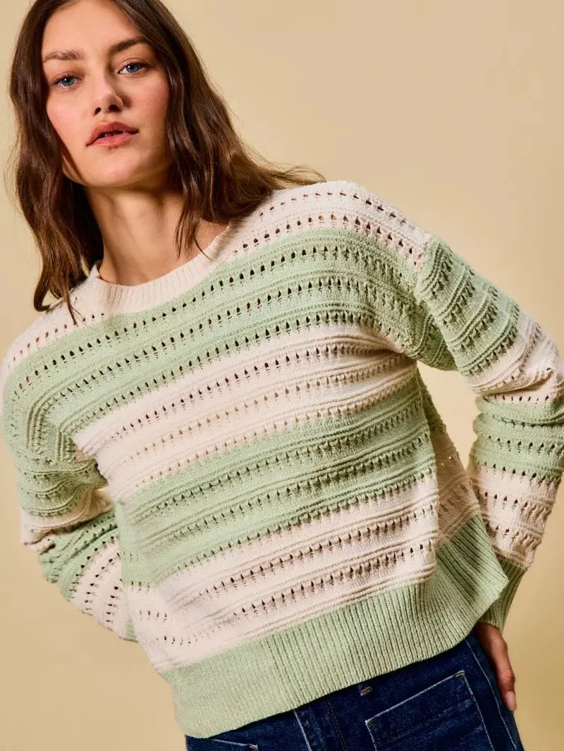 So Me Sage Statement Openwork Wide Stripe Textured Sweater-Women's Shirts & Tops-Shop Z & Joxa