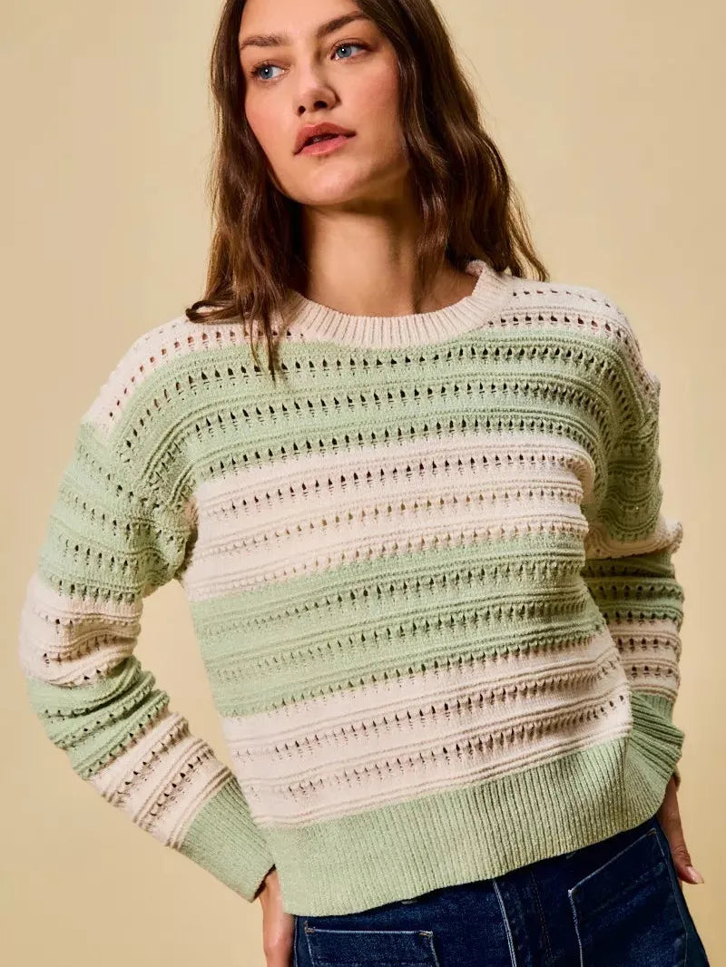 So Me Sage Statement Openwork Wide Stripe Textured Sweater-Women's Shirts & Tops-Shop Z & Joxa