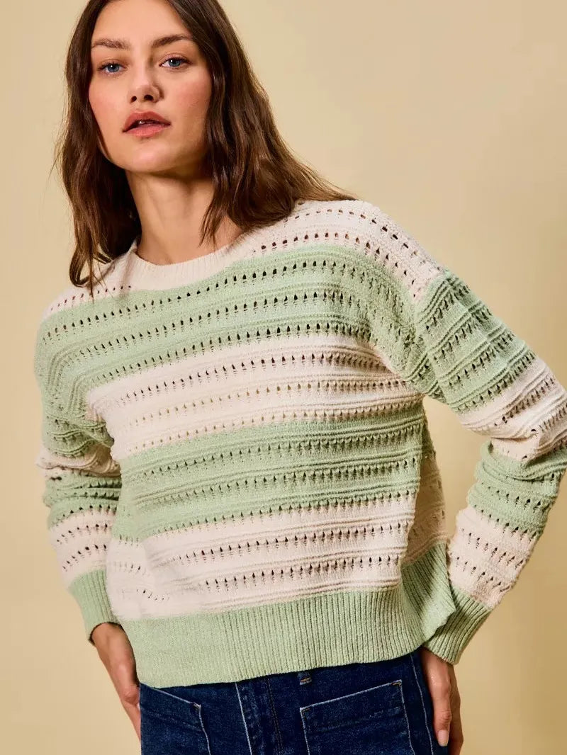 So Me Sage Statement Openwork Wide Stripe Textured Sweater-Women's Shirts & Tops-Shop Z & Joxa