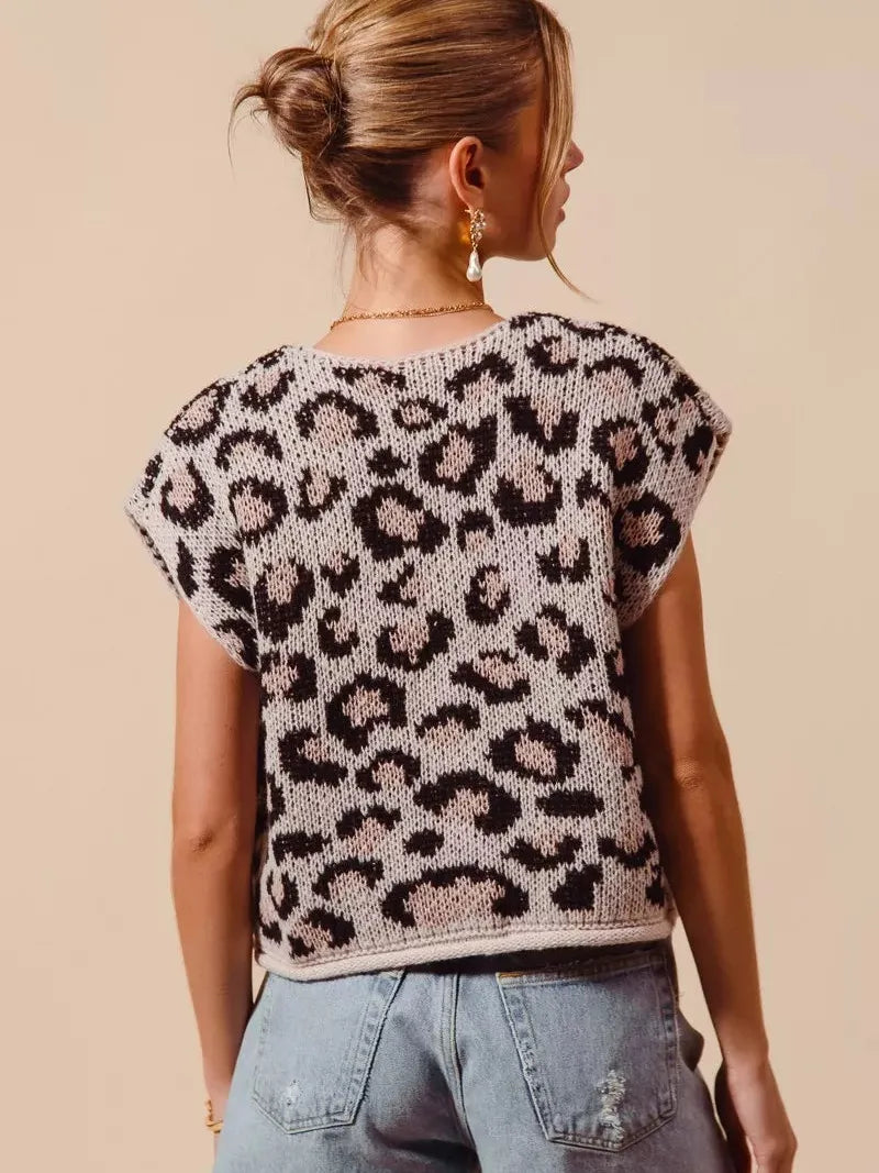 So Me Savannah Chic Big Button Leopard Sweater Vest Top-Women's Shirts & Tops-Shop Z & Joxa