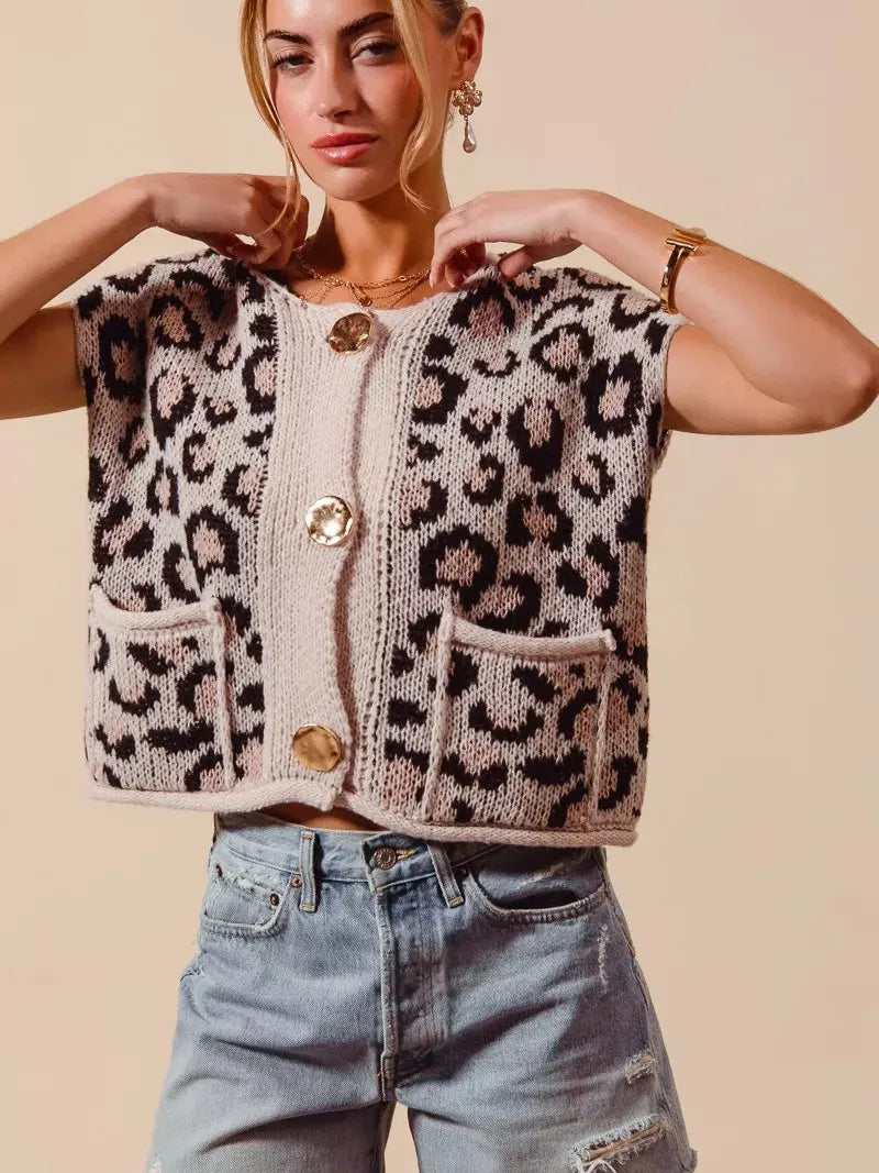 So Me Savannah Chic Big Button Leopard Sweater Vest Top-Women's Shirts & Tops-Shop Z & Joxa