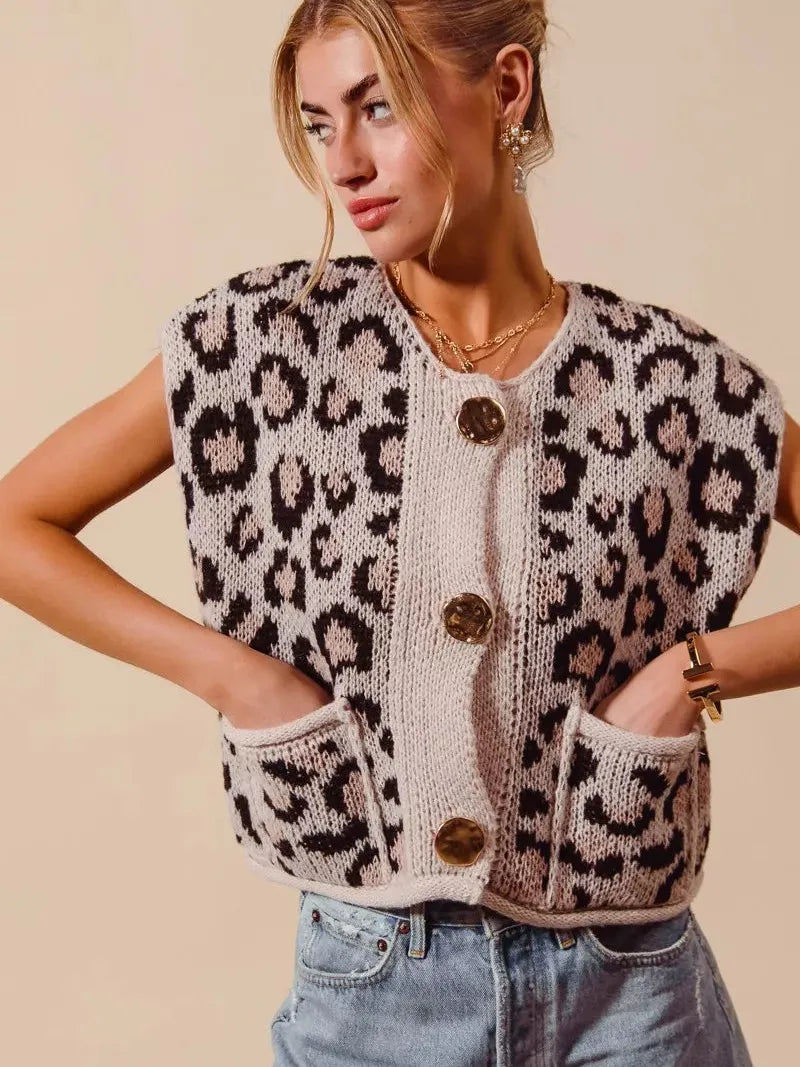 So Me Savannah Chic Big Button Leopard Sweater Vest Top-Women's Shirts & Tops-Shop Z & Joxa