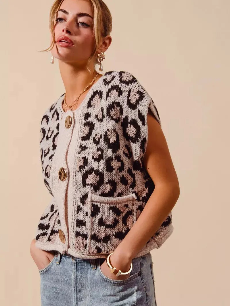 So Me Savannah Chic Big Button Leopard Sweater Vest Top-Women's Shirts & Tops-Shop Z & Joxa