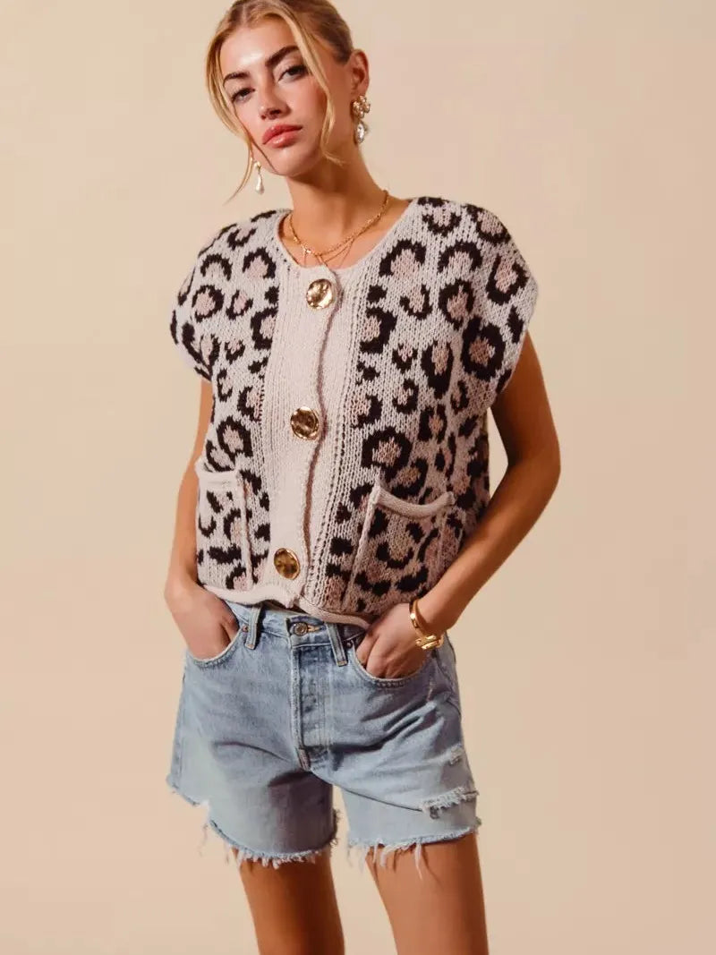 So Me Savannah Chic Big Button Leopard Sweater Vest Top-Women's Shirts & Tops-Shop Z & Joxa