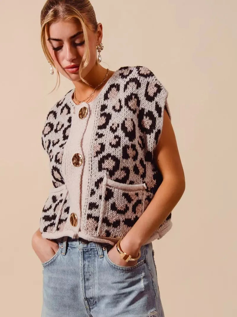 So Me Savannah Chic Big Button Leopard Sweater Vest Top-Women's Shirts & Tops-Shop Z & Joxa