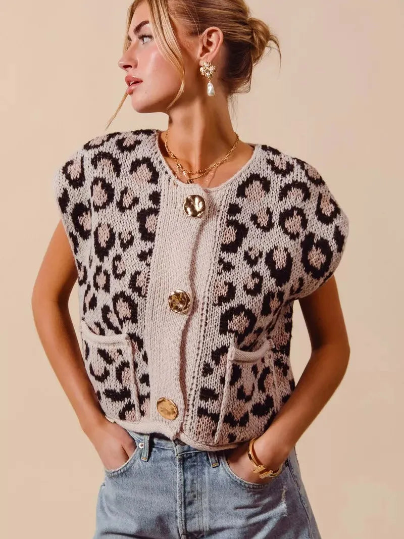 So Me Savannah Chic Big Button Leopard Sweater Vest Top-Women's Shirts & Tops-Shop Z & Joxa