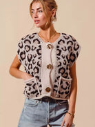 So Me Savannah Chic Big Button Leopard Sweater Vest Top-Women's Shirts & Tops-Shop Z & Joxa