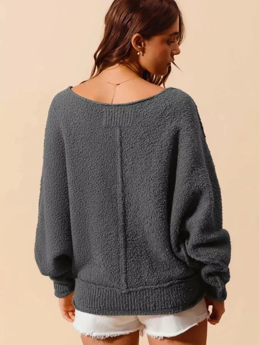 So Me Seamed Serenity Wide Neck Slouchy Boucle Sweater - Gray-Women's Shirts & Tops-Shop Z & Joxa