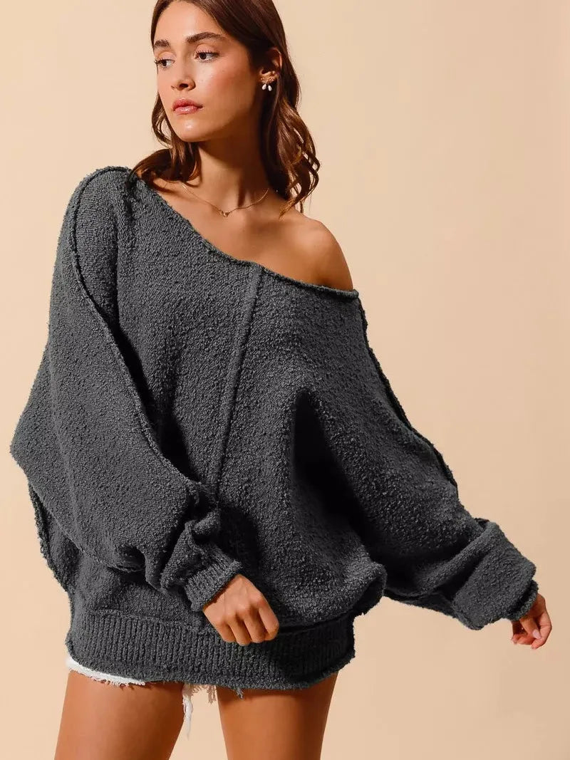 So Me Seamed Serenity Wide Neck Slouchy Boucle Sweater - Gray-Women's Shirts & Tops-Shop Z & Joxa