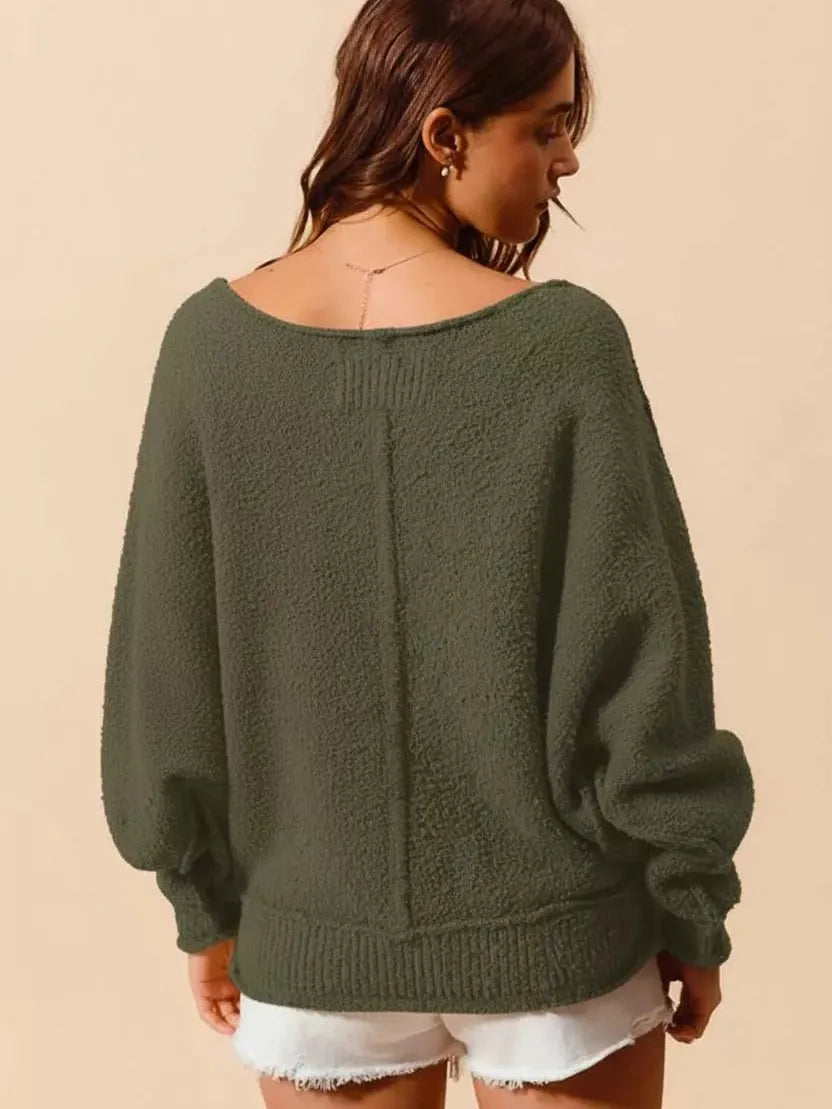 So Me Seamed Serenity Wide Neck Slouchy Boucle Sweater - Olive-Women's Shirts & Tops-Shop Z & Joxa