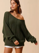 So Me Seamed Serenity Wide Neck Slouchy Boucle Sweater - Olive-Women's Shirts & Tops-Shop Z & Joxa
