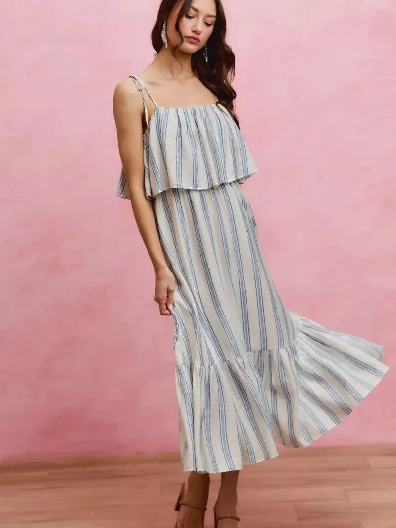So Me Seaside Stroll Tiered Shoulder Tie Striped Midi Lined Dress-Women's Dresses-Shop Z & Joxa
