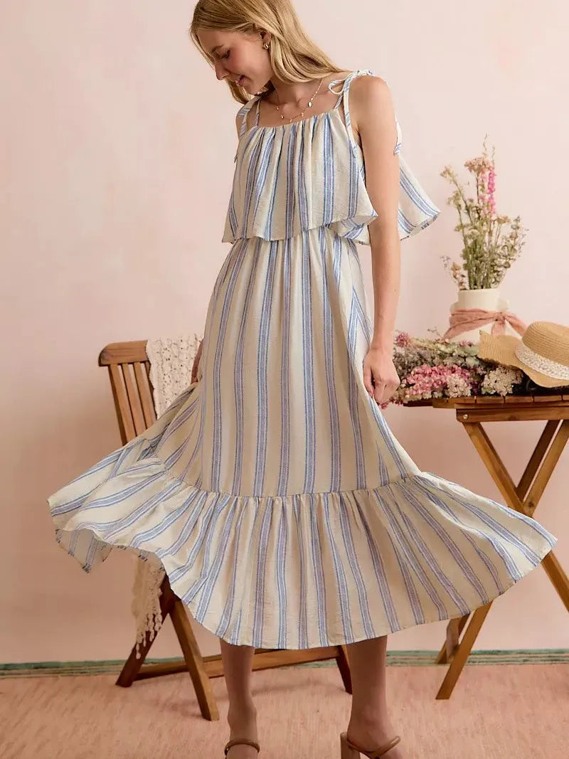 So Me Seaside Stroll Tiered Shoulder Tie Striped Midi Lined Dress-Women's Dresses-Shop Z & Joxa
