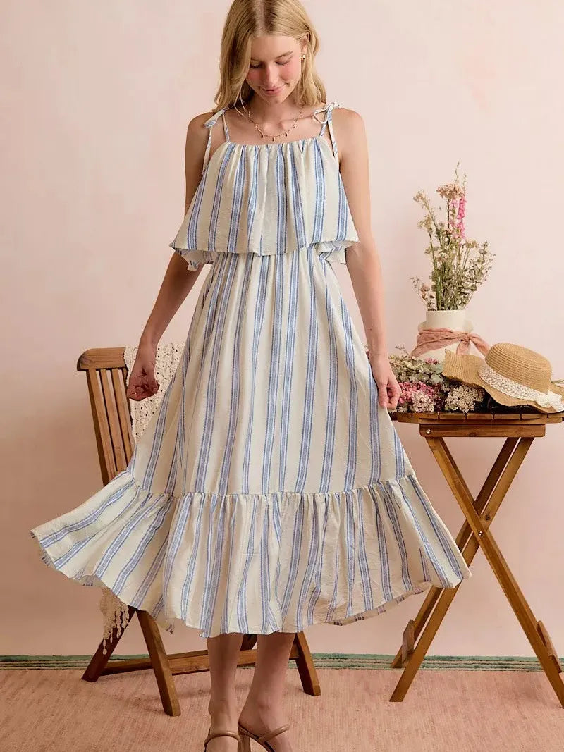 So Me Seaside Stroll Tiered Shoulder Tie Striped Midi Lined Dress-Women's Dresses-Shop Z & Joxa