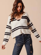 So Me Shadow Sugar Fuzzy Striped Deep U Neck Sweater-Women's Shirts & Tops-Shop Z & Joxa