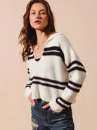 So Me Shadow Sugar Fuzzy Striped Deep U Neck Sweater-Women's Shirts & Tops-Shop Z & Joxa
